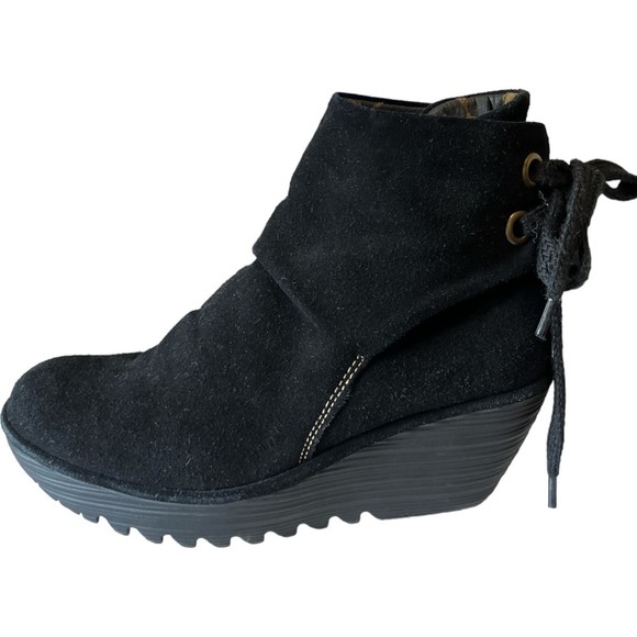 FLY LONDON Yama Wrap Heel Tie Black Suede Wedge Boots Booties 38 US 7.5 - 8 - Picture 4 of 11